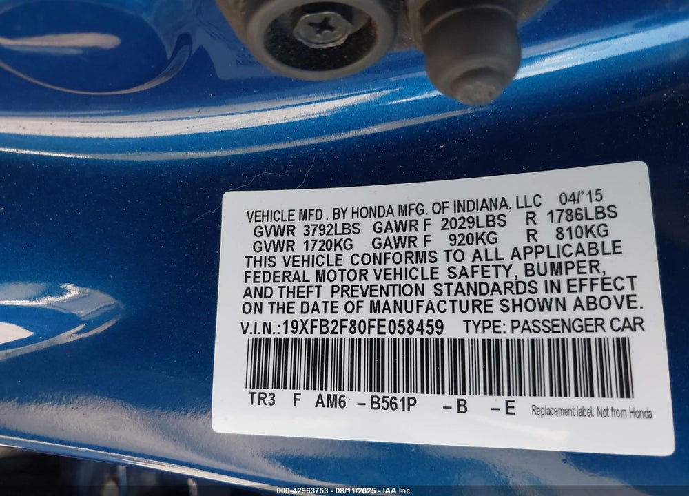 2015 HONDA CIVIC VIN: 19XFB2F80FE058459