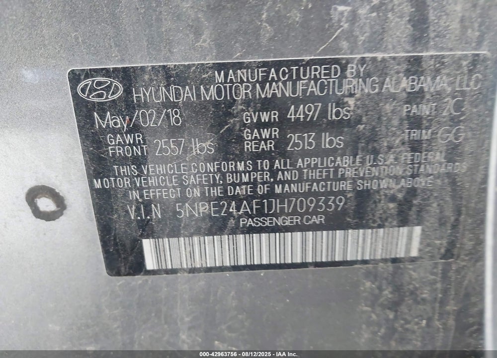 2018 HYUNDAI SONATA VIN: 5NPE24AF1JH709339