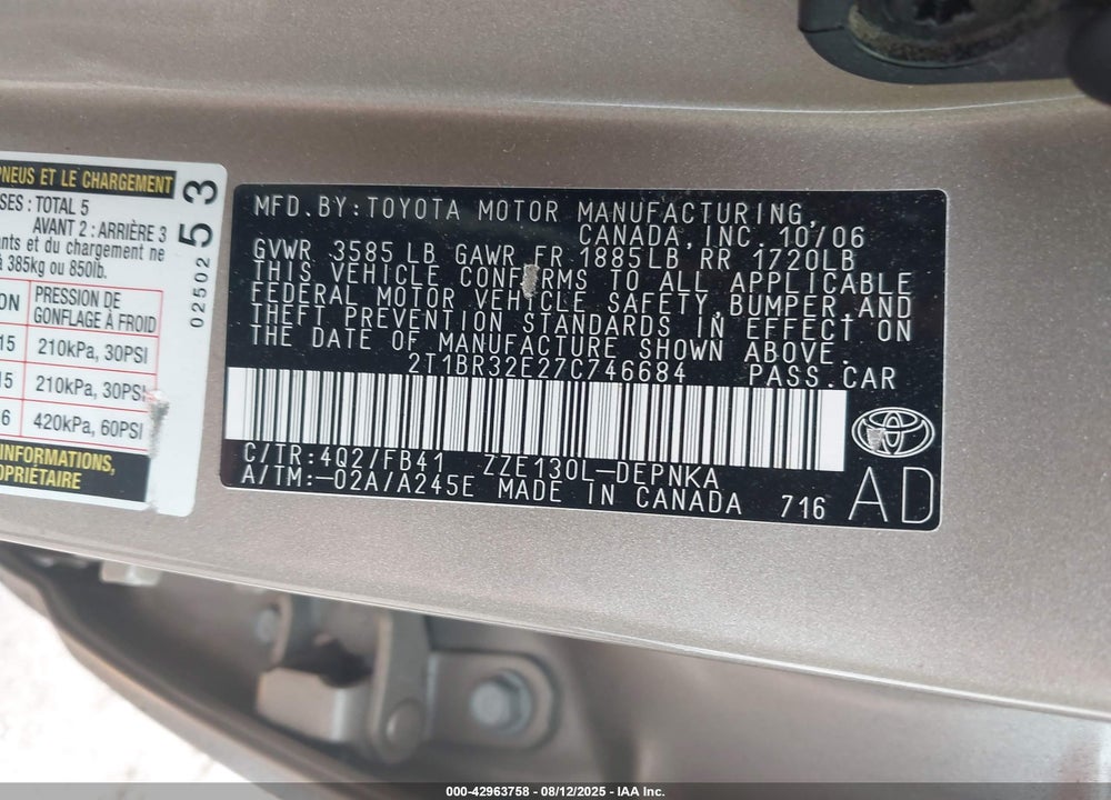 2007 TOYOTA COROLLA LE VIN: 2T1BR32E27C746684