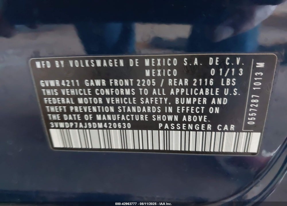 2013 VOLKSWAGEN JETTA VIN: 3VWDP7AJ9DM420630