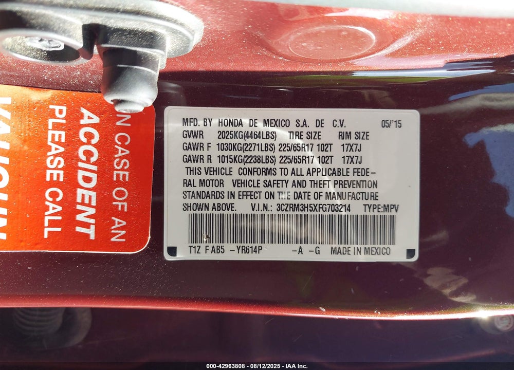 2015 HONDA CR-V VIN: 3CZRM3H5XFG703214
