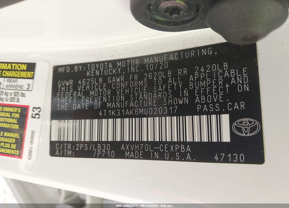 2021 TOYOTA CAMRY XSE HYBRID VIN: 4T1K31AK6MU020317