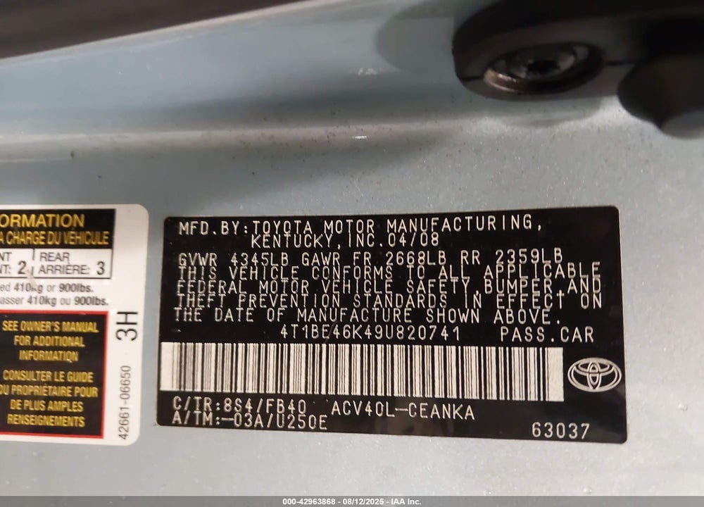 2009 TOYOTA CAMRY VIN: 4T1BE46K49U820741