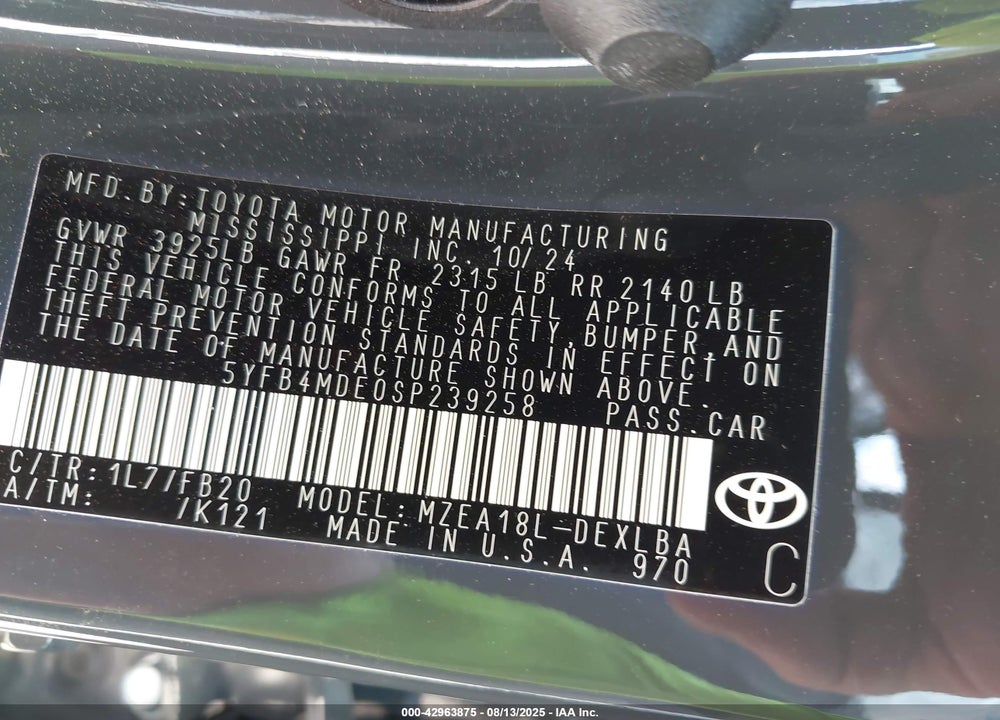2025 TOYOTA COROLLA LE VIN: 5YFB4MDE0SP239258