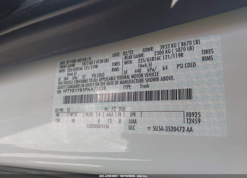 2023 FORD TRANSIT-150 VIN: 1FTYE1Y81PKA73526