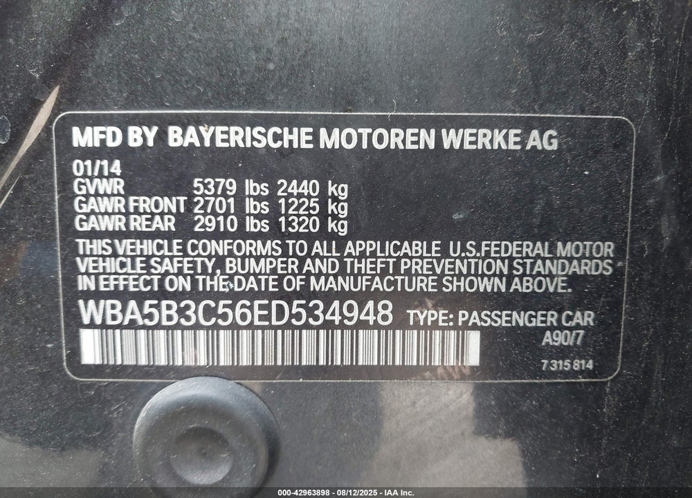 2014 BMW 5 SERIES VIN: WBA5B3C56ED534948