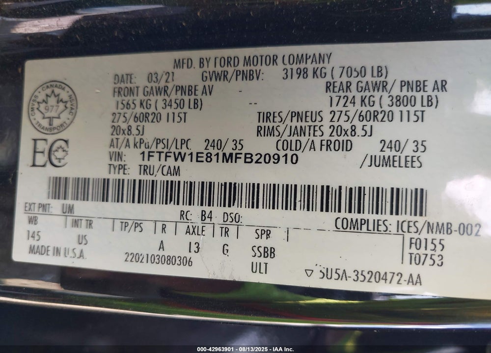 2021 FORD F-150 XLT VIN: 1FTFW1E81MFB20910