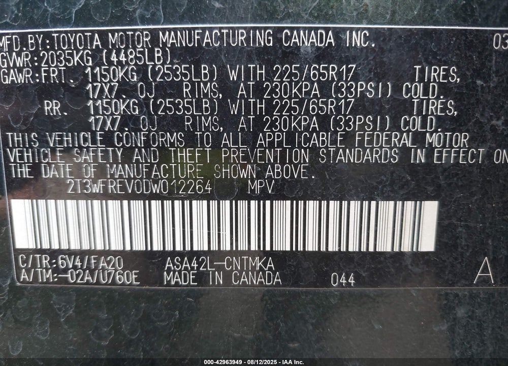 2013 TOYOTA RAV4 VIN: 2T3WFREV0DW012264