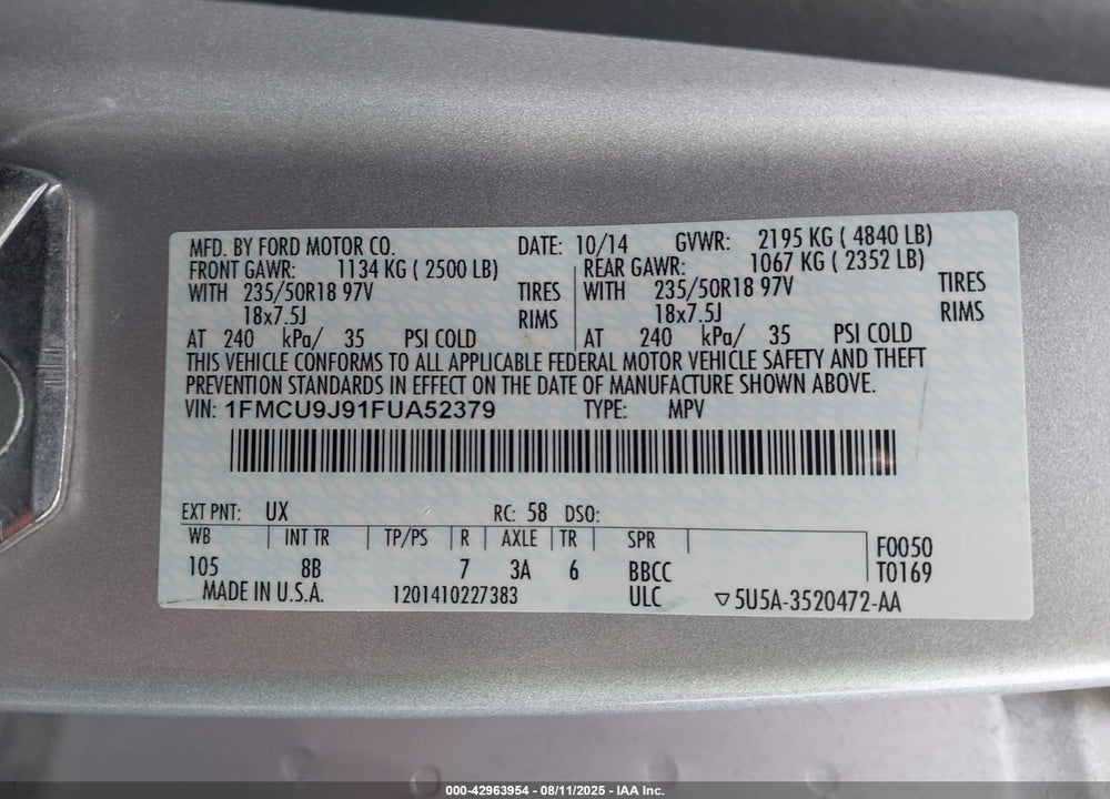 2015 FORD ESCAPE TITANIUM VIN: 1FMCU9J91FUA52379
