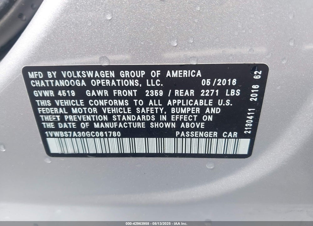 2016 VOLKSWAGEN PASSAT VIN: 1VWBS7A30GC061780