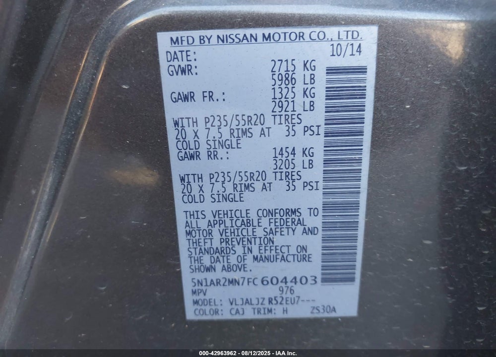 2015 NISSAN PATHFINDER VIN: 5N1AR2MN7FC604403