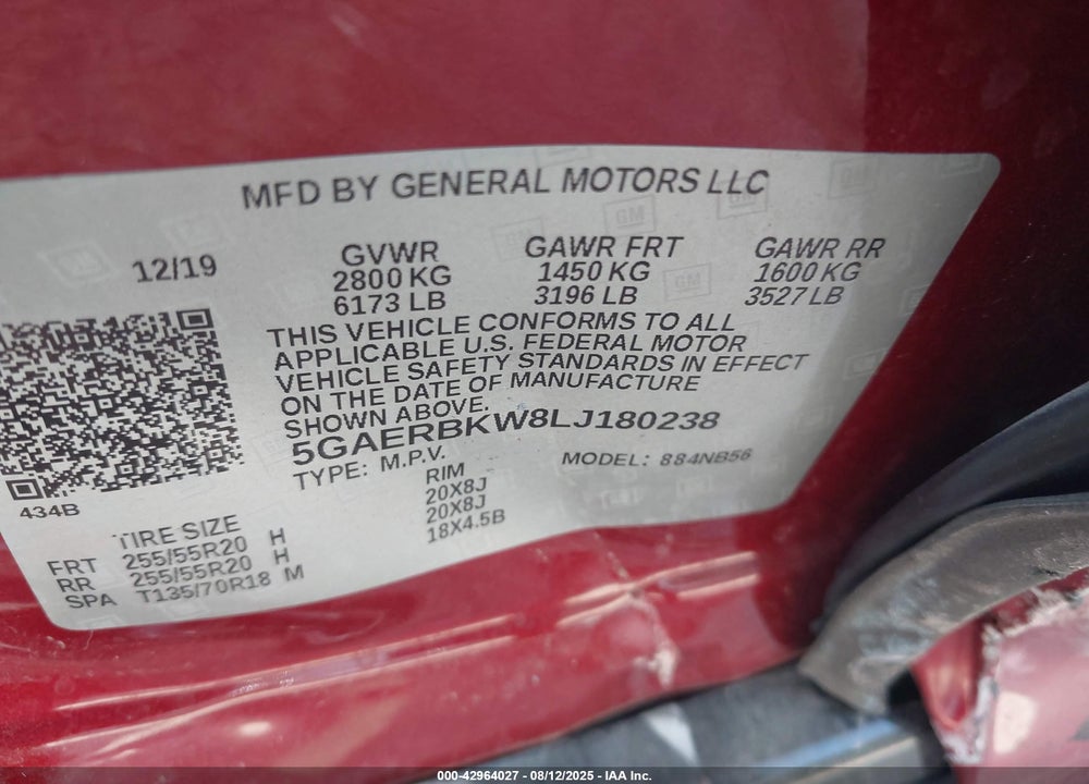2020 BUICK ENCLAVE VIN: 5GAERBKW8LJ180238