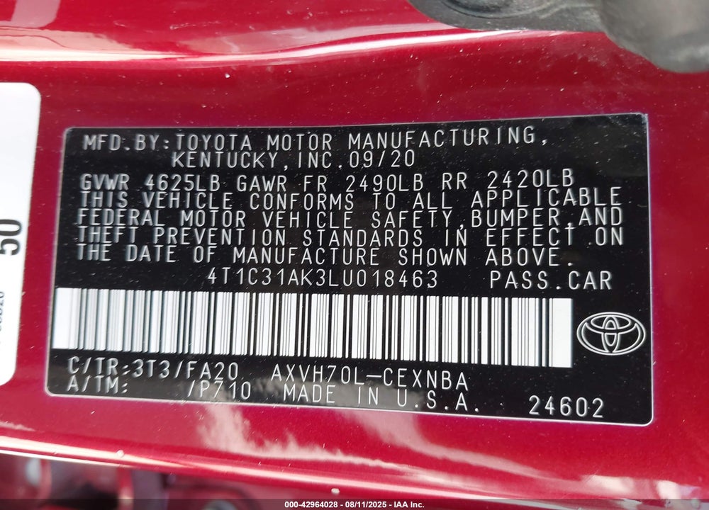 2020 TOYOTA CAMRY VIN: 4T1C31AK3LU018463