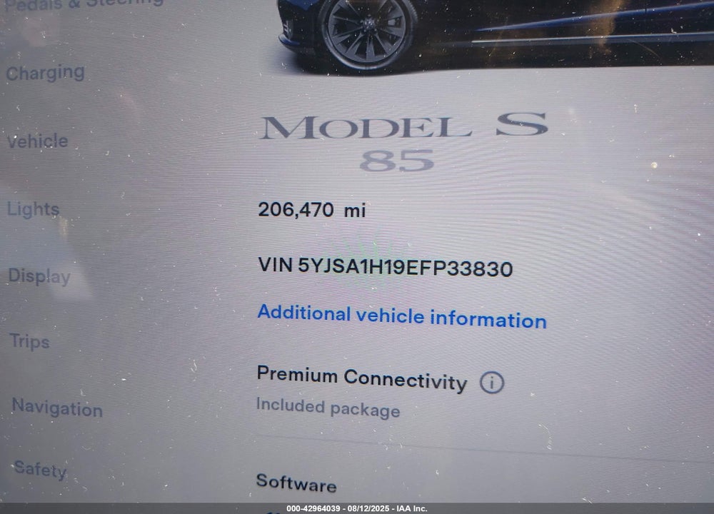 2014 TESLA MODEL S VIN: 5YJSA1H19EFP33830