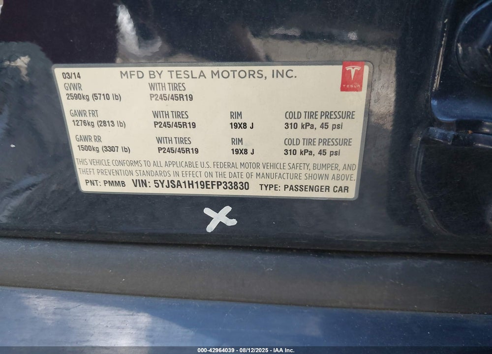 2014 TESLA MODEL S VIN: 5YJSA1H19EFP33830
