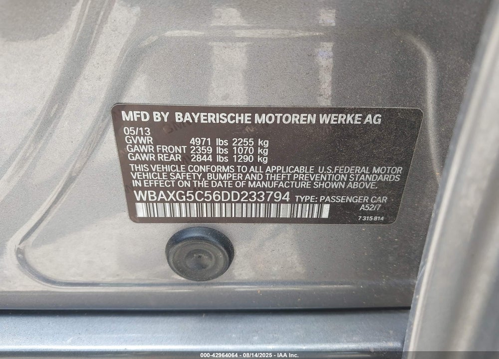 2013 BMW 5 SERIES VIN: WBAXG5C56DD233794