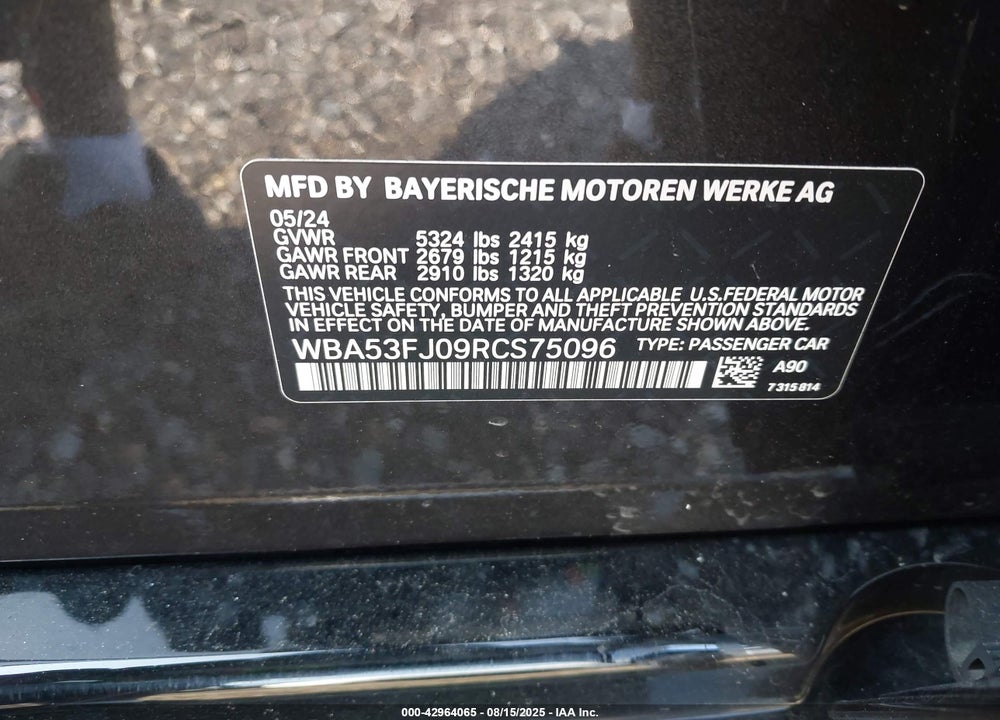 2024 BMW 5 SERIES VIN: WBA53FJ09RCS75096