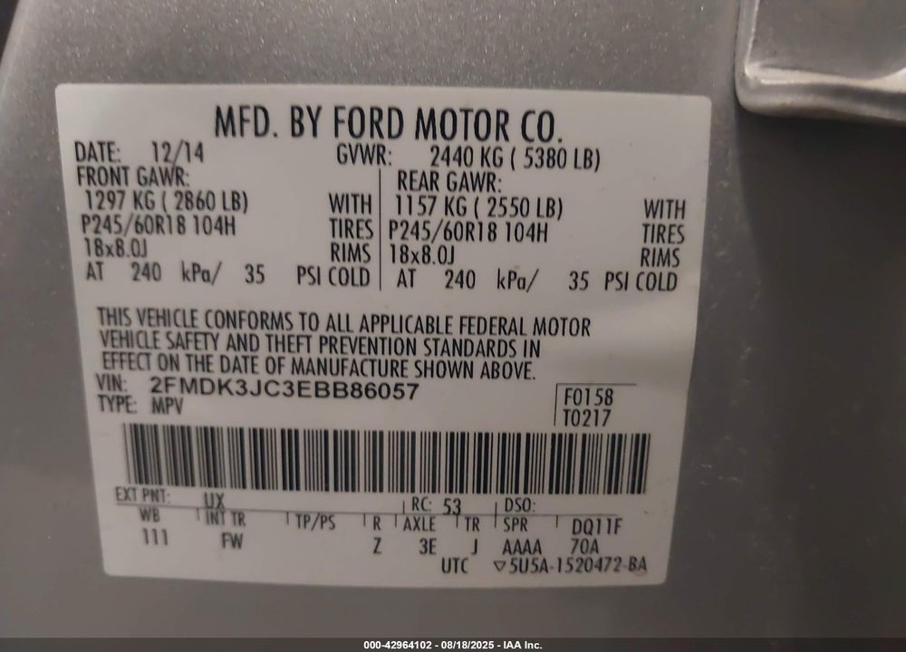 2014 FORD EDGE VIN: 2FMDK3JC3EBB86057