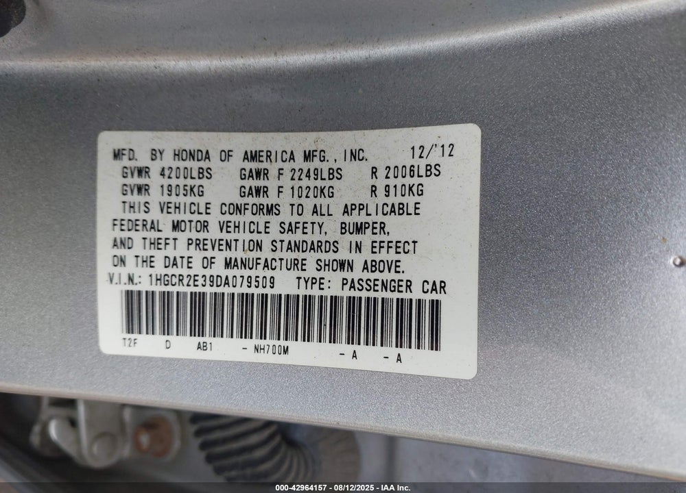 2013 HONDA ACCORD VIN: 1HGCR2E39DA079509