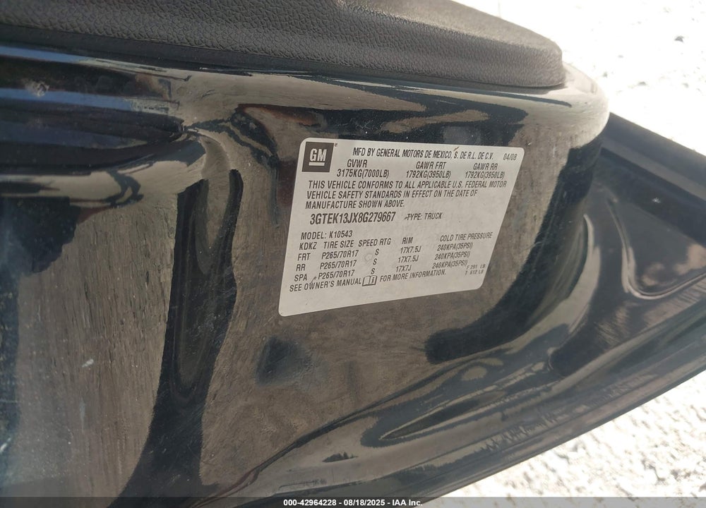 2008 GMC SIERRA 1500 SLE1 VIN: 3GTEK13JX8G279667