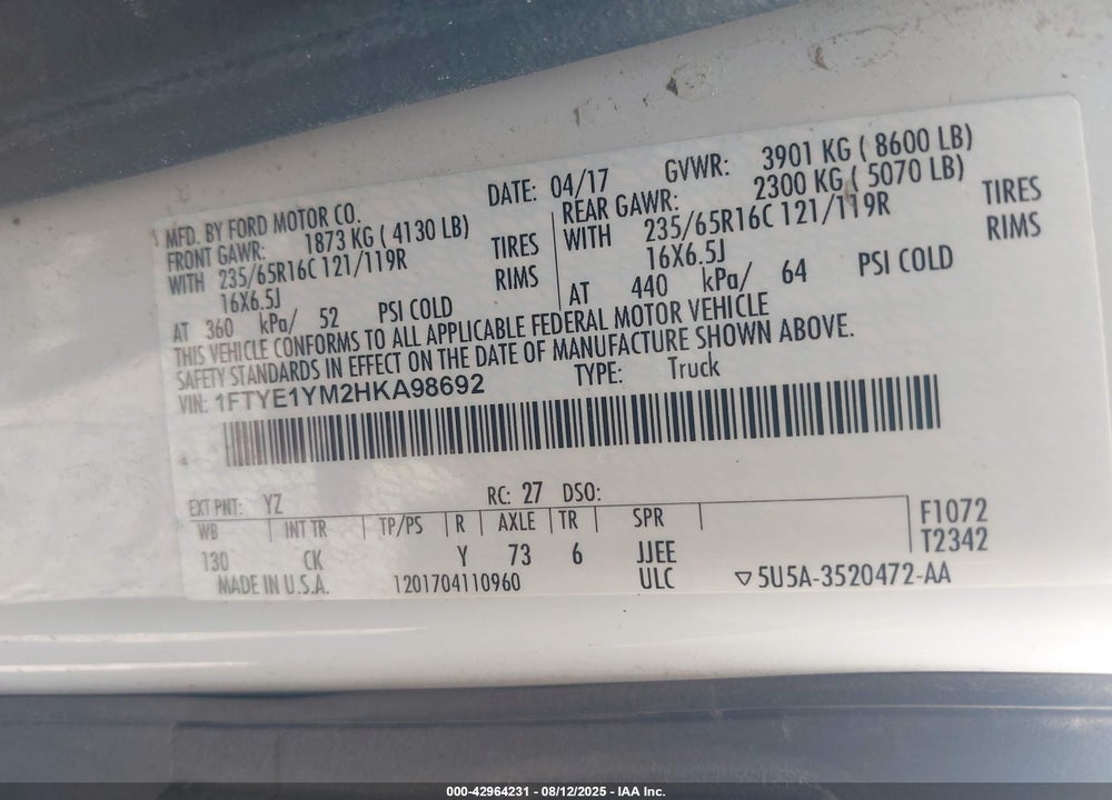 2017 FORD TRANSIT-150 VIN: 1FTYE1YM2HKA98692