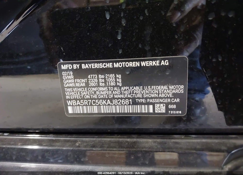 2019 BMW 3 SERIES VIN: WBA5R7C56KAJ82681