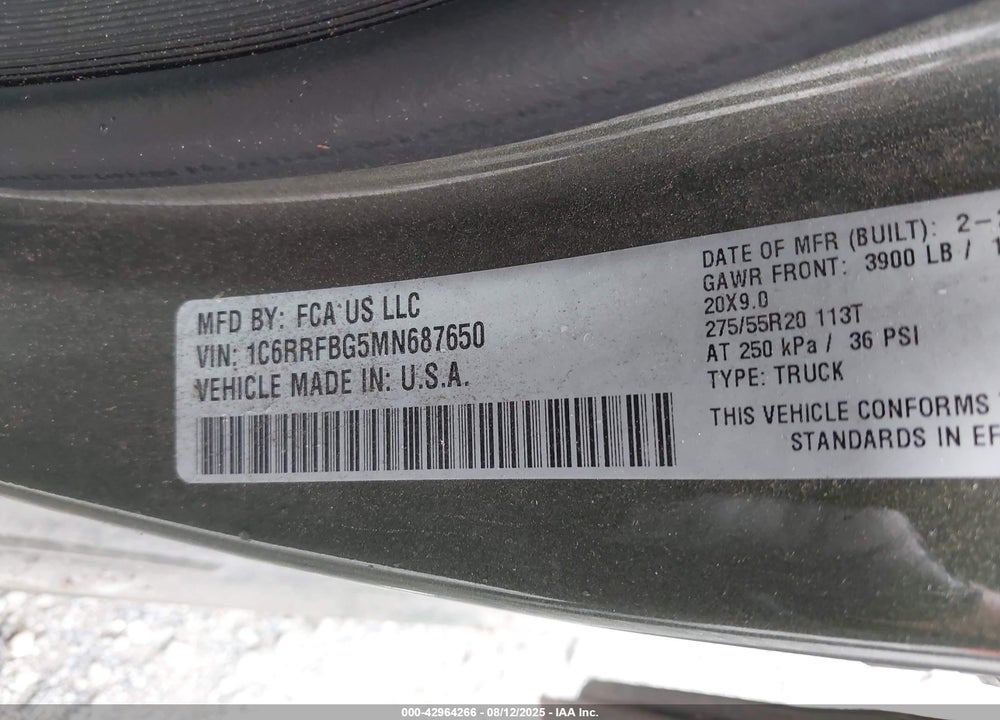 2021 RAM 1500 VIN: 1C6RRFBG5MN687650
