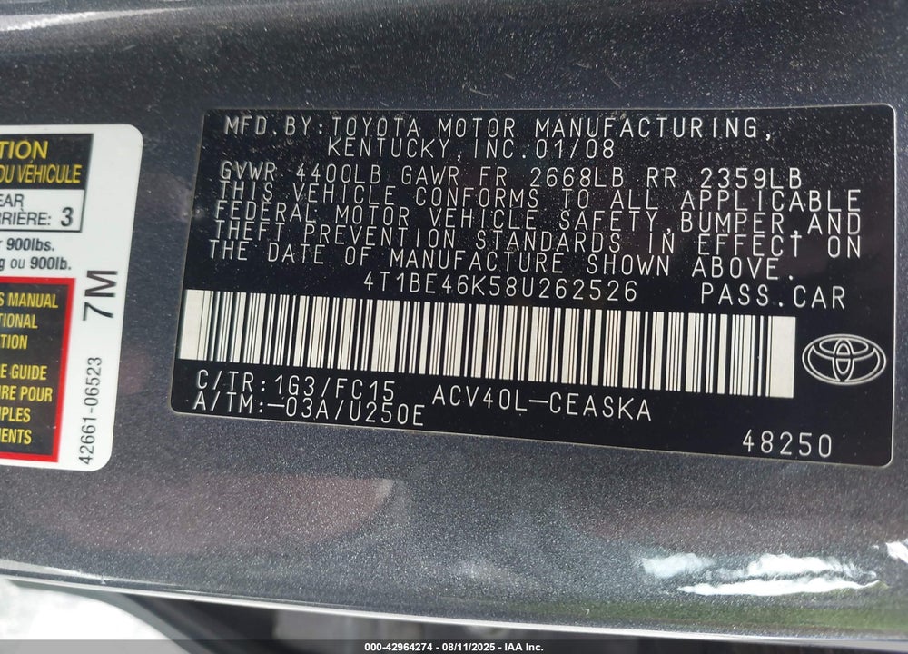 2008 TOYOTA CAMRY SE VIN: 4T1BE46K58U262526