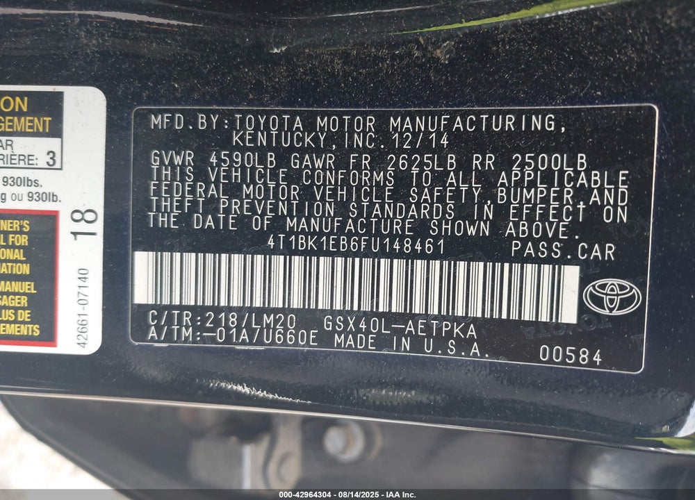 2015 TOYOTA AVALON LIMITED VIN: 4T1BK1EB6FU148461