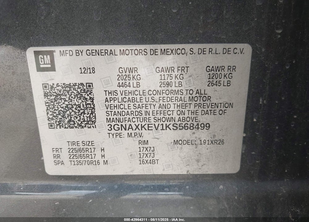 2019 CHEVROLET EQUINOX VIN: 3GNAXKEV1KS568499