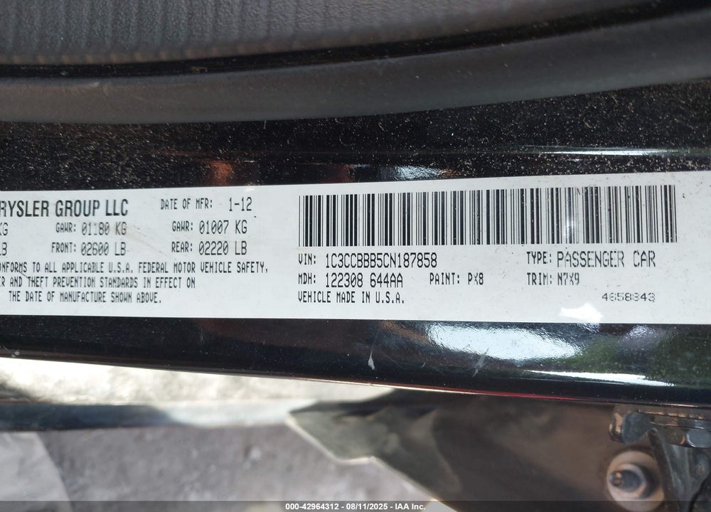 2012 CHRYSLER 200 VIN: 1C3CCBBB5CN187858