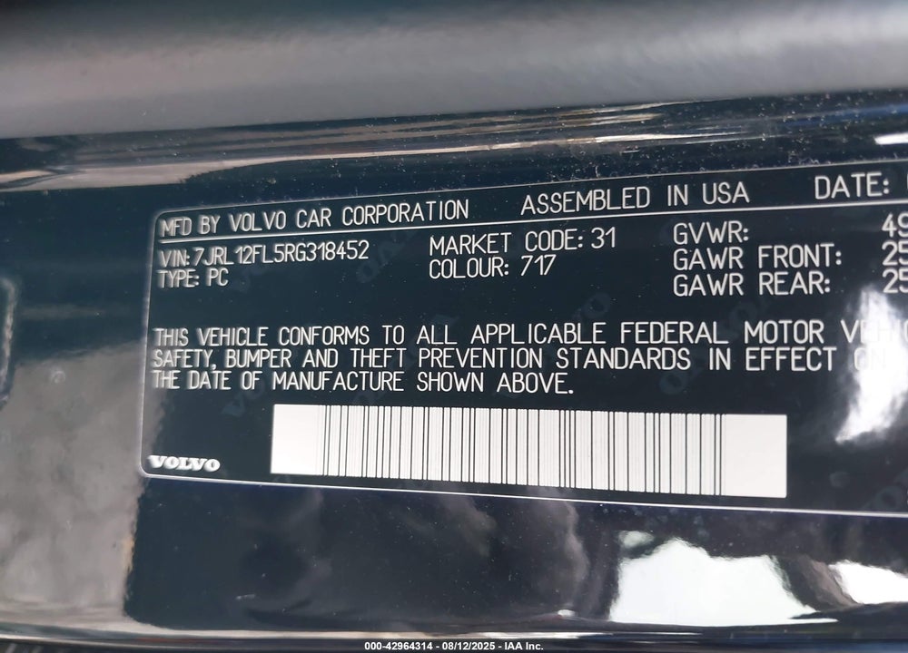 2024 VOLVO S60 VIN: 7JRL12FL5RG318452
