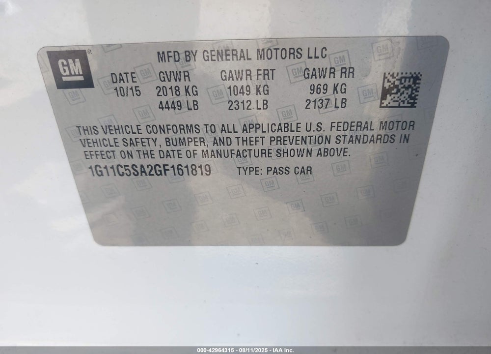 2016 CHEVROLET MALIBU LIMITED LT VIN: 1G11C5SA2GF161819