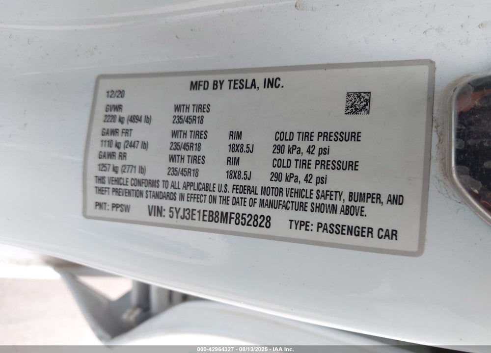 2021 TESLA MODEL 3 VIN: 5YJ3E1EB8MF852828