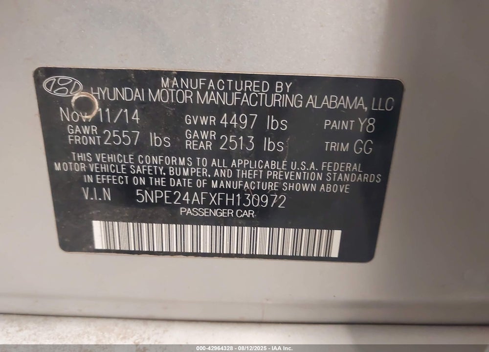 2015 HYUNDAI SONATA VIN: 5NPE24AFXFH130972