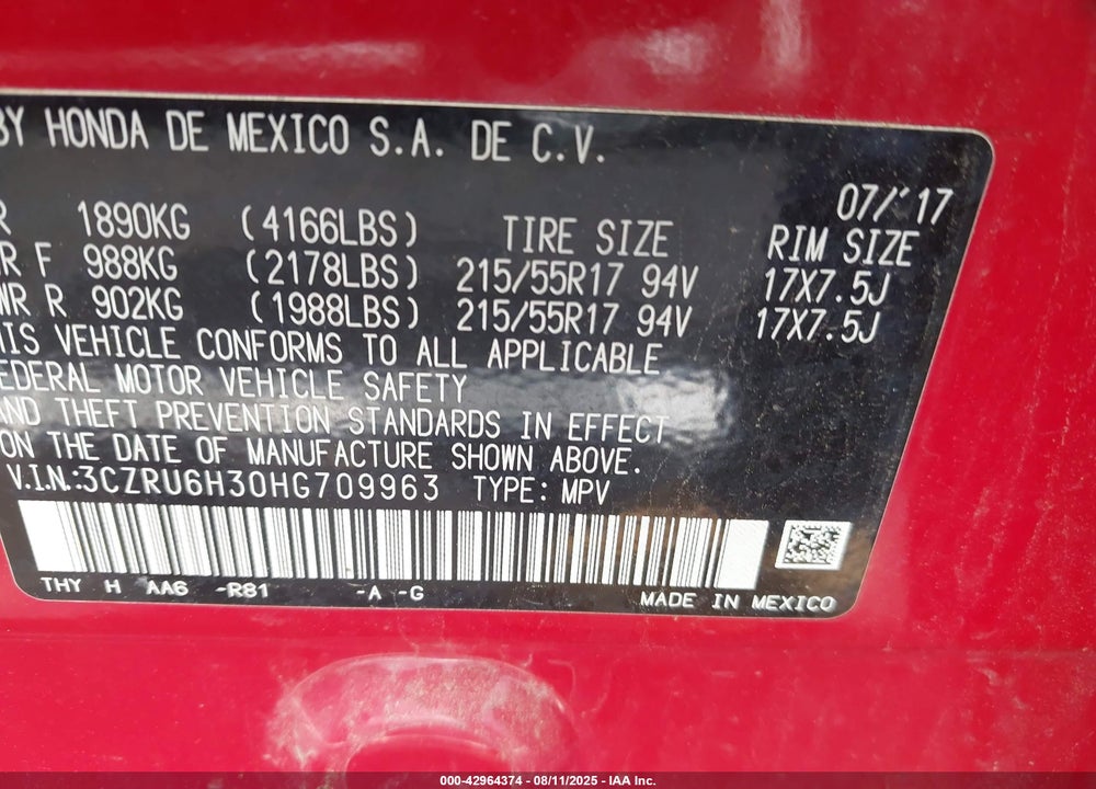2017 HONDA HR-V VIN: 3CZRU6H30HG709963