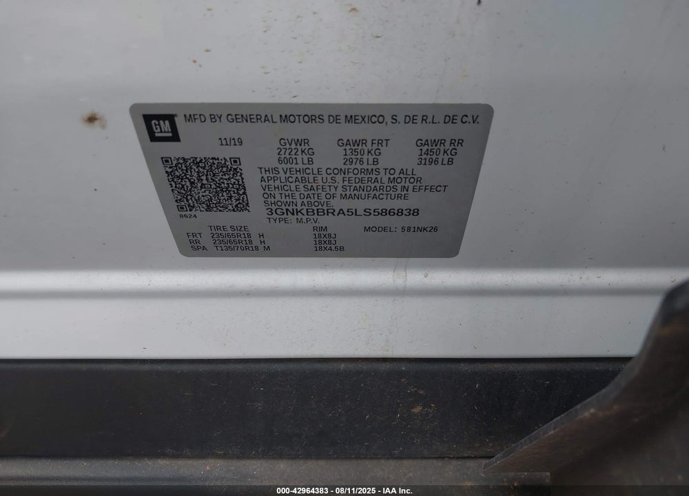 2020 CHEVROLET BLAZER VIN: 3GNKBBRA5LS586838