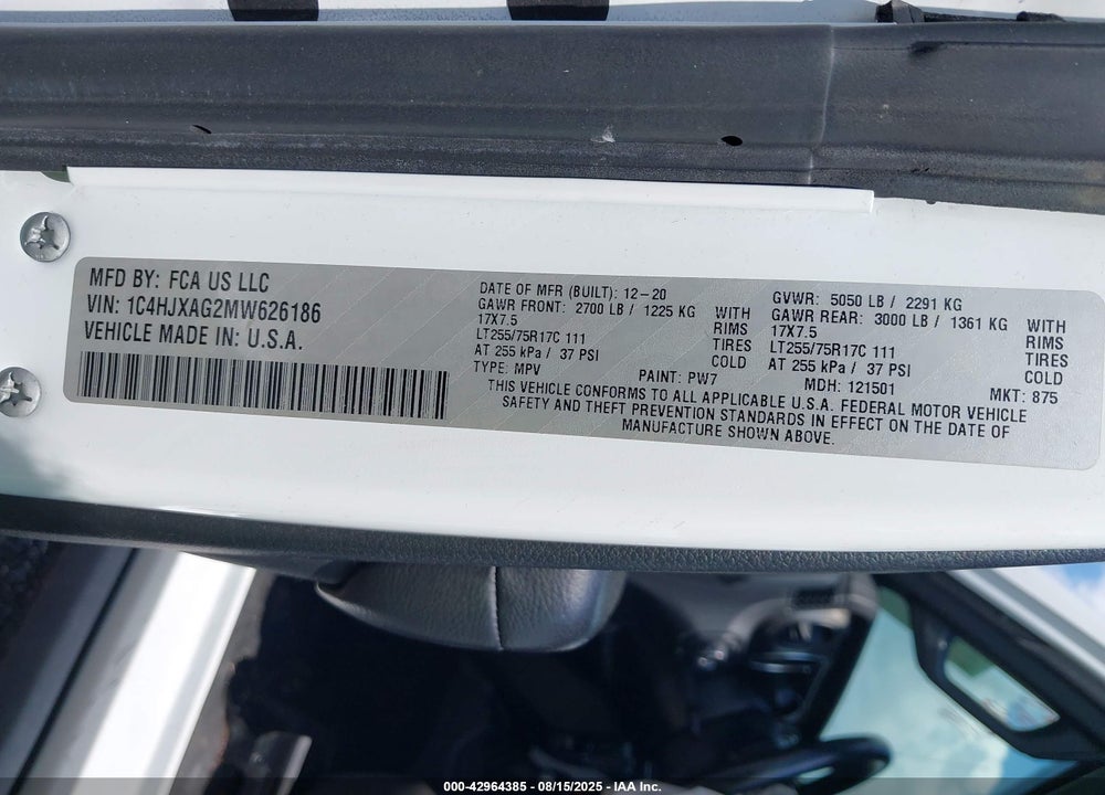 2021 JEEP WRANGLER WILLYS 4X4 VIN: 1C4HJXAG2MW626186