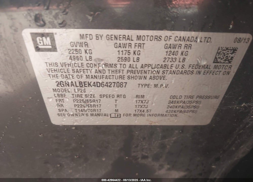 2013 CHEVROLET EQUINOX VIN: 2GNALBEK4D6427087