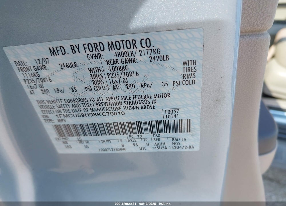 2008 FORD ESCAPE HYBRID VIN: 1FMCU59H98KC70010