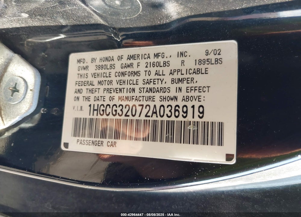 2002 HONDA ACCORD CPE VIN: 1HGCG32072A036919