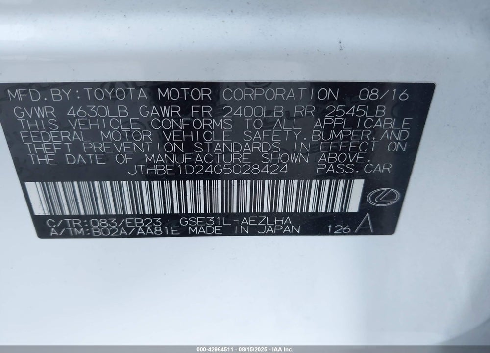 2016 LEXUS IS 350 VIN: JTHBE1D24G5028424