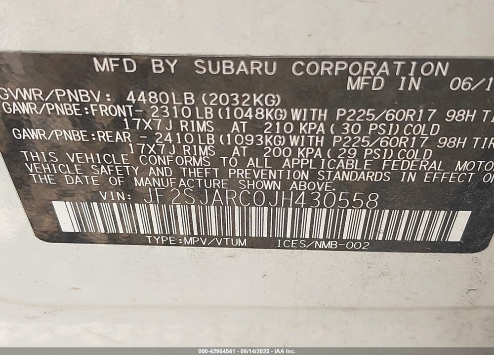 2018 SUBARU FORESTER 2.5I LIMITED VIN: JF2SJARC0JH430558