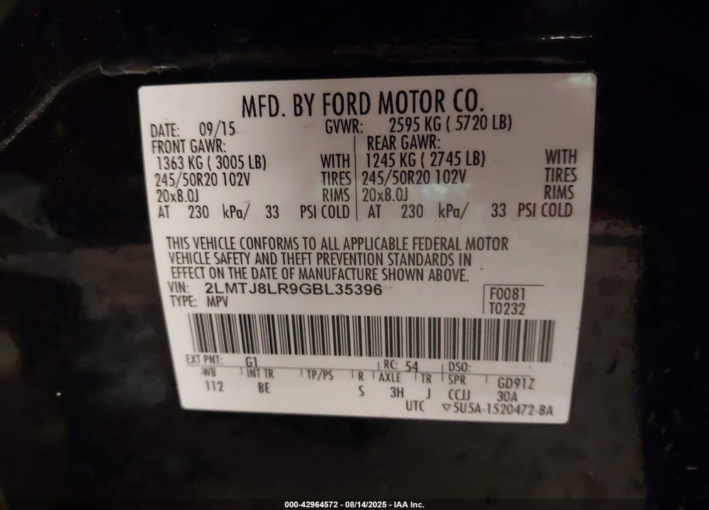 2016 LINCOLN MKX VIN: 2LMTJ8LR9GBL35396