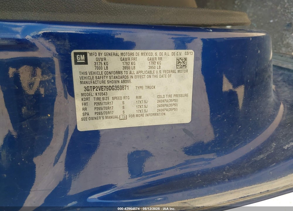 2013 GMC SIERRA 1500 VIN: 3GTP2VE79DG350871