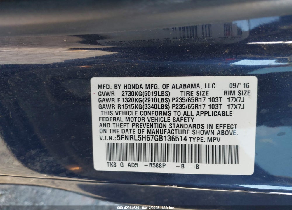 2016 HONDA ODYSSEY EX-L VIN: 5FNRL5H67GB136514