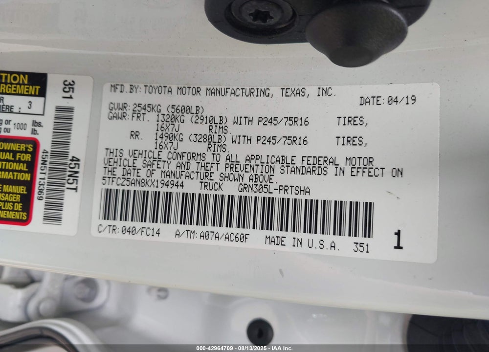 2019 TOYOTA TACOMA VIN: 5TFCZ5AN8KX194944