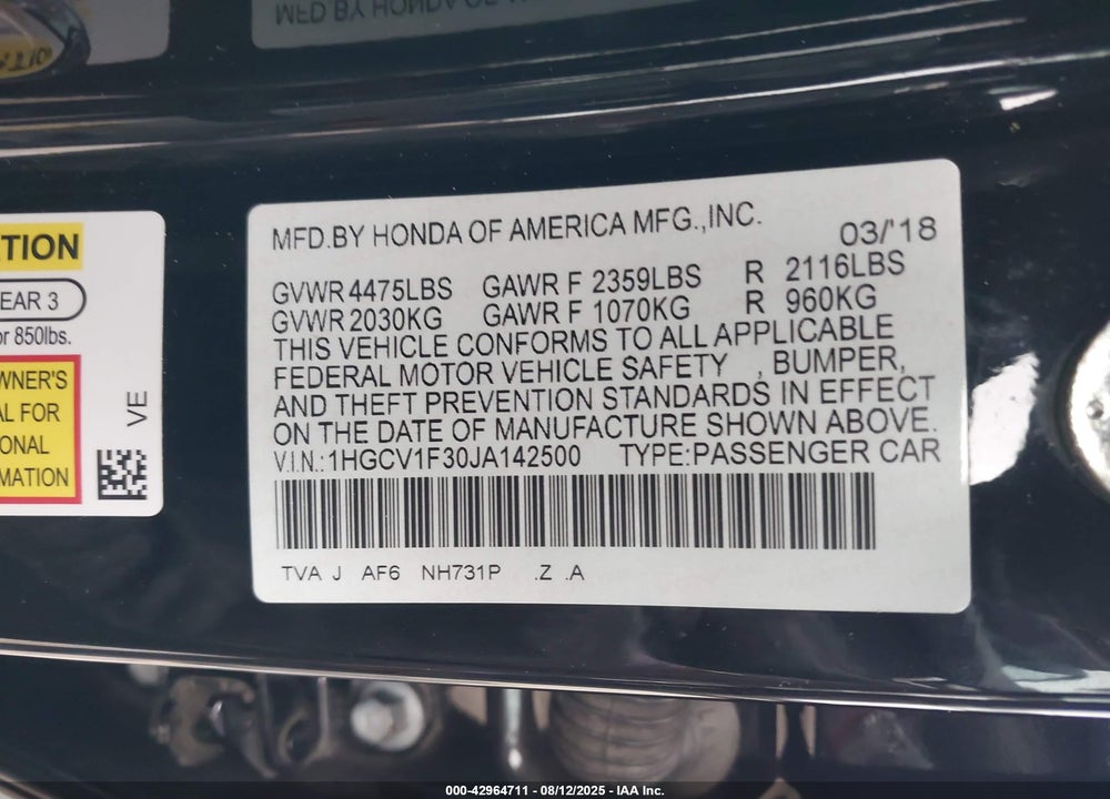 2018 HONDA ACCORD VIN: 1HGCV1F30JA142500