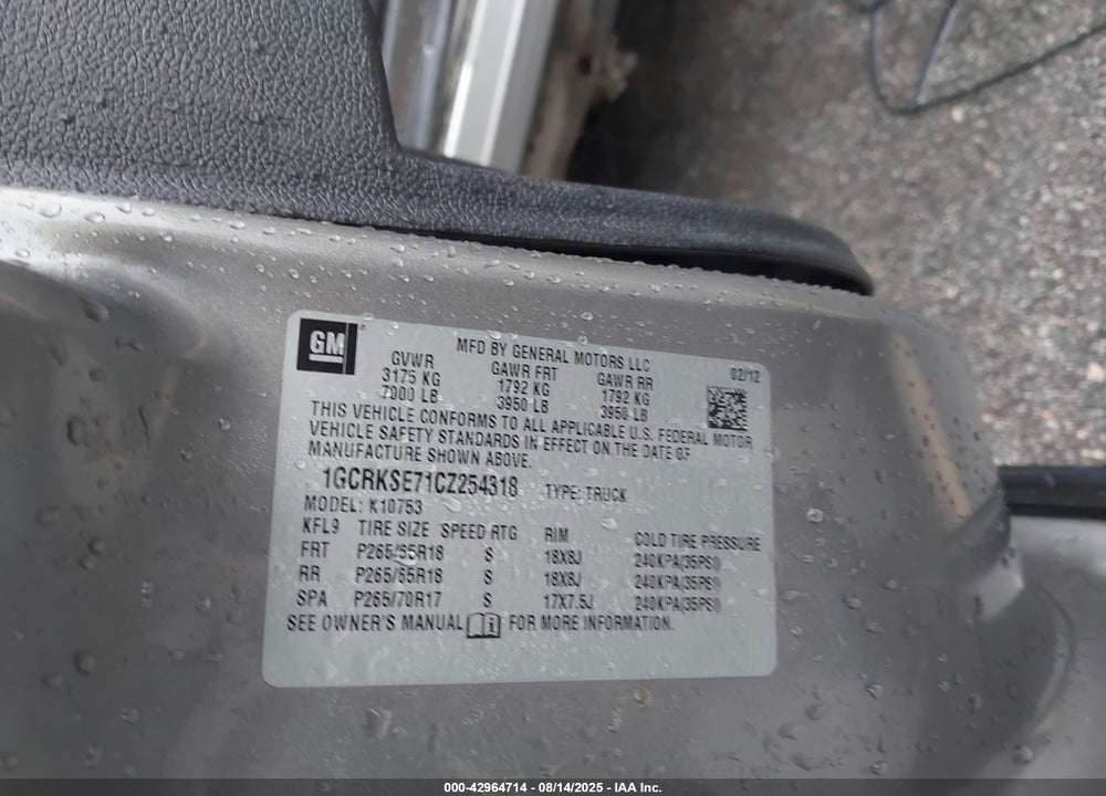 2012 CHEVROLET SILVERADO 1500 VIN: 1GCRKSE71CZ254318