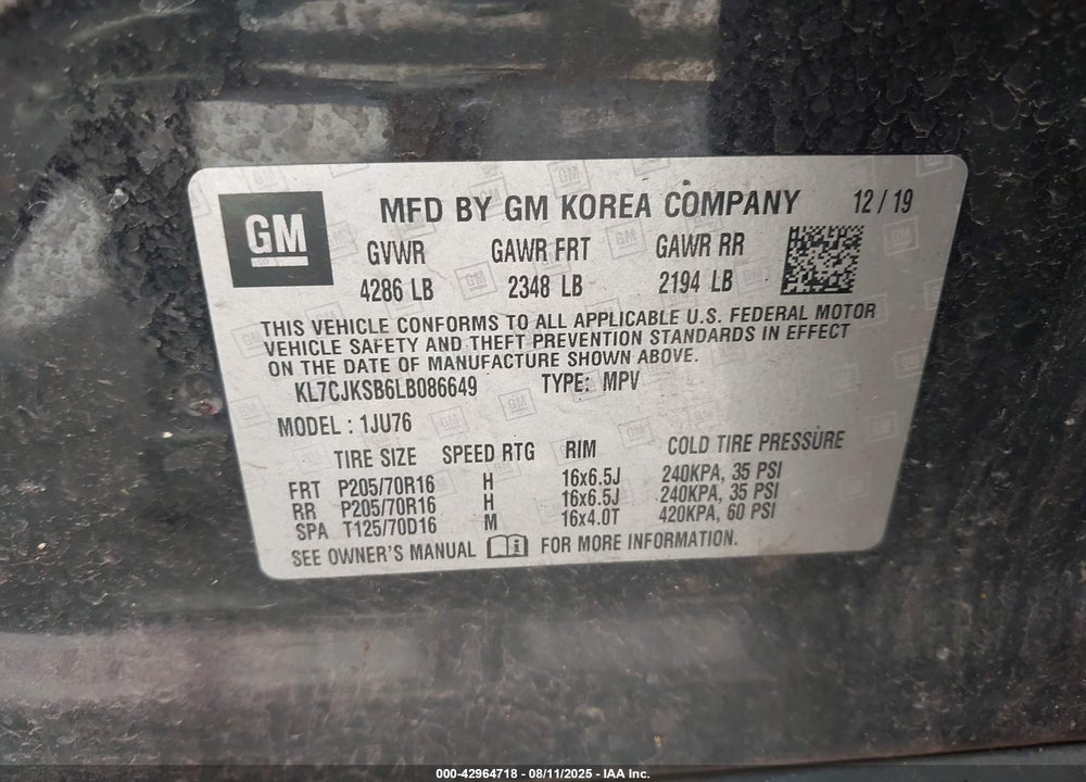 2020 CHEVROLET TRAX VIN: KL7CJKSB6LB086649